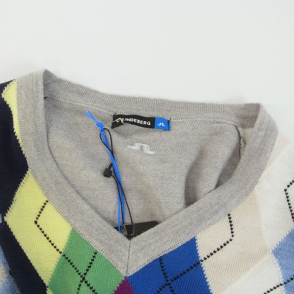 実際に弊社で買取させて頂いた【未使用】J.LINDEBERG/J.リンドバーグ Vネックセーター 071-11311 46サイズ アーガイル グレーの画像 5枚目
