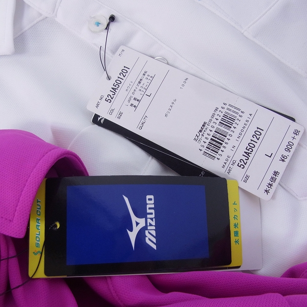 実際に弊社で買取させて頂いた【未使用】MIZUNO/ミズノ ゴルフウェア 半袖 プルオーバーシャツ ホワイト/ピンク Lサイズ 2点セットの画像 3枚目