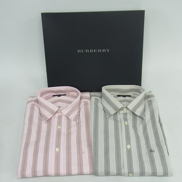 実際に弊社で買取させて頂いた【未使用】BURBERRY LONDON/バーバリーロンドン 半袖シャツ ストライプ柄 グレイ/ピンク L 2点セット