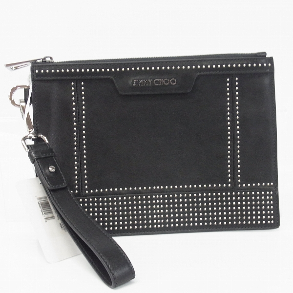 実際に弊社で買取させて頂いたJIMMY CHOO/ジミーチュウ DEREK MINI/ID ミニスタッズ付き Black サテンレザー・ミニクラッチバッグ