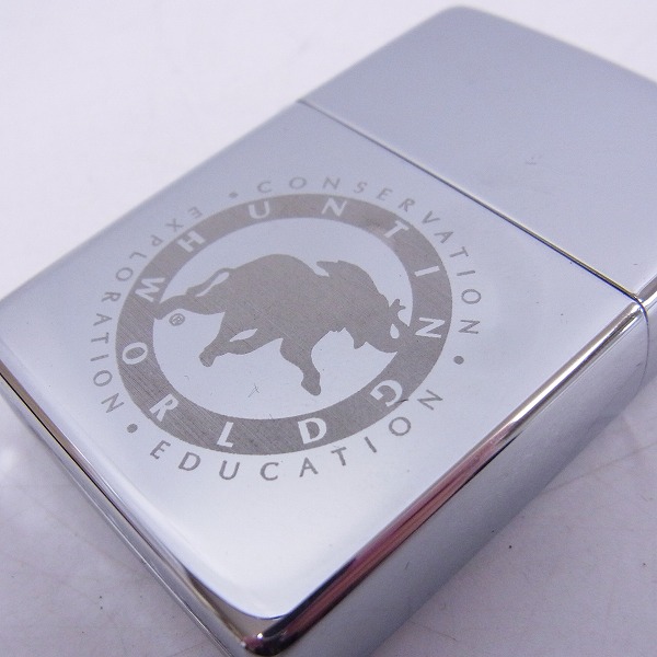 実際に弊社で買取させて頂いたZIPPO/ジッポー HUNTING WORLD/ハンティングワールド ロゴプリント 鏡面加工/2001年製の画像 6枚目