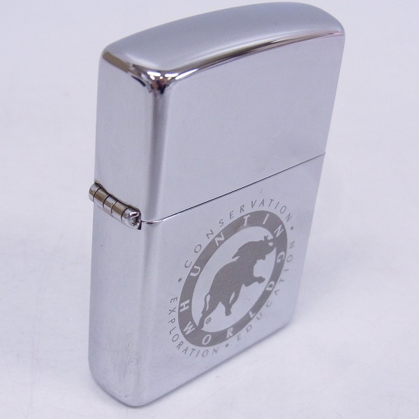 実際に弊社で買取させて頂いたZIPPO/ジッポー HUNTING WORLD/ハンティングワールド ロゴプリント 鏡面加工/2001年製の画像 2枚目
