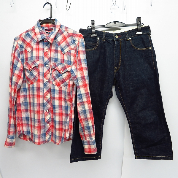 実際に弊社で買取させて頂いたBLUE BLUE/ブルーブルー チェックシャツ/デニム ハーフパンツ 2/31 2点セット