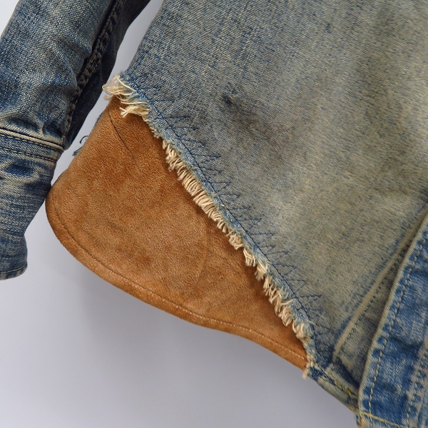 実際に弊社で買取させて頂いたBACKLASH/バックラッシュ レザー切り替え ストレッチデニムシャツ/ユーズド加工 1308-01/XSの画像 4枚目