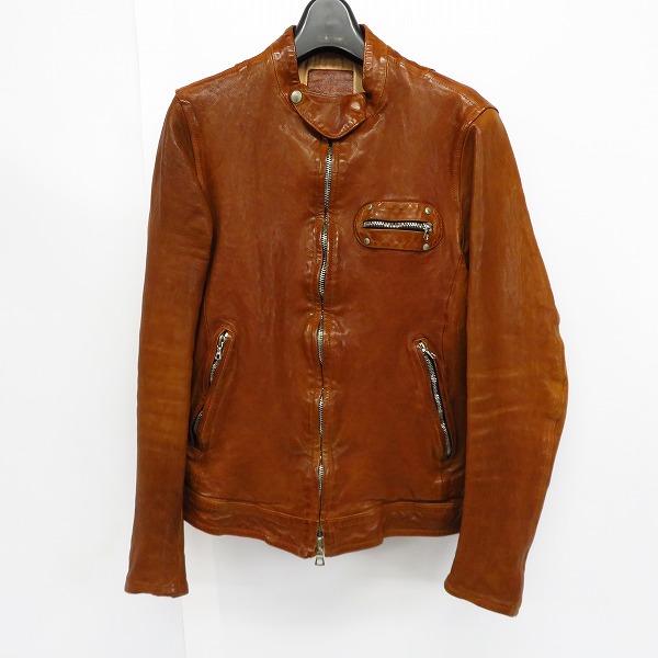 実際に弊社で買取させて頂いたBACKLASH/バックラッシュ 牛革/ドイツカーフ製品染め シングルライダースジャケット 1221-01/M