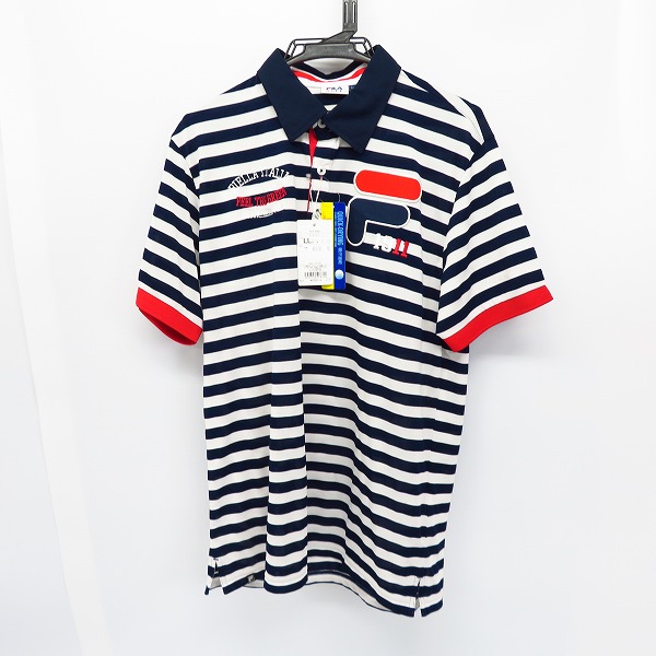 実際に弊社で買取させて頂いた【未使用】FILA/フィラ ゴルフ ワッペン&刺しゅう付き 半袖ボーダーポロシャツ 速乾・UVカット LL
