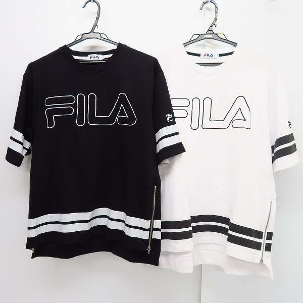 実際に弊社で買取させて頂いたFILA/フィラ ロゴ刺繍/サイドジップ ハーフスリーブ/半袖 カットソー/Tシャツ ホワイト/ブラック 2点セット