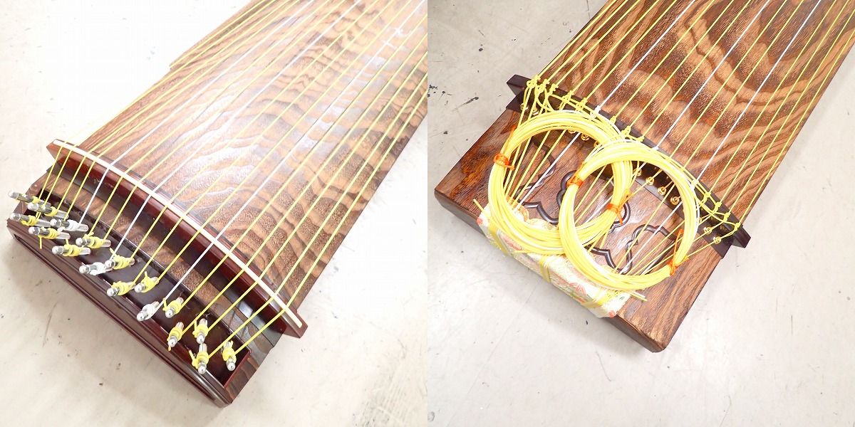 実際に弊社で買取させて頂いた★琴/箏 17弦琴 玉縁包み柏葉 並甲 綾杉彫り 和楽器 琴柱/猫足/ケース付きの画像 1枚目
