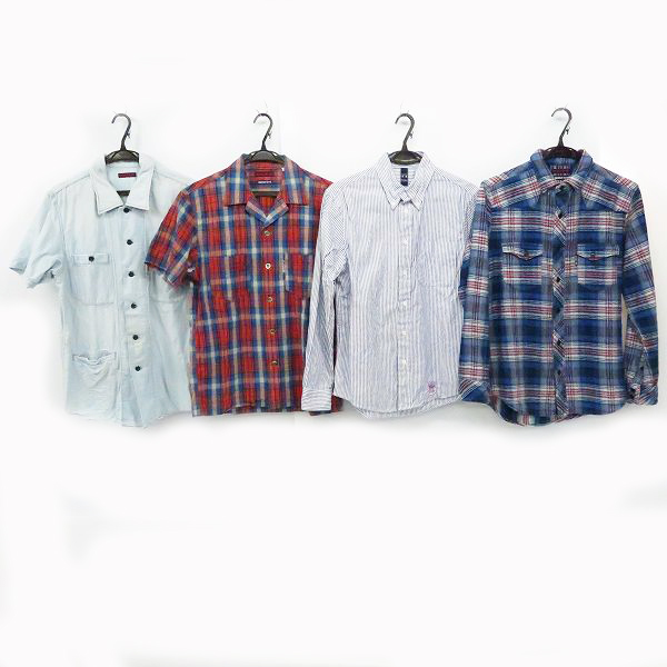 実際に弊社で買取させて頂いたBLUE BLUE/ブルーブルー INDIGO DYE チェック柄 等 長袖/半袖 シャツ 2/4点セット