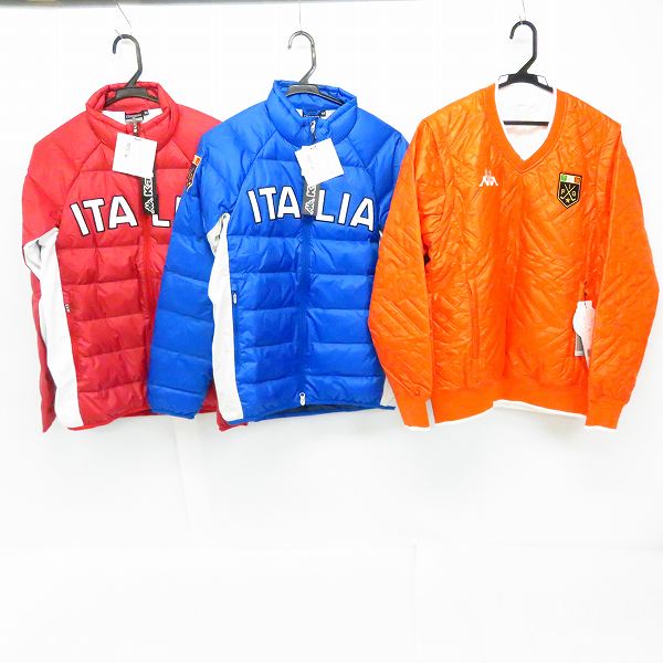 実際に弊社で買取させて頂いた【未使用】Kappa/カッパ ゴルフウェア ダウンジャケット レッド/ブルー 中綿プルオーバー M L 3点セット
