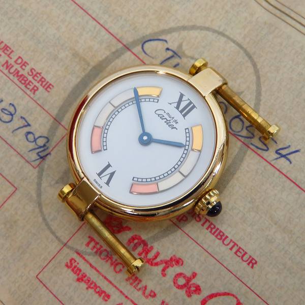 実際に弊社で買取させて頂いたCartier/カルティエ ヴェルメイユ トリニティ文字盤/925ケース レザーベルト欠品【動作未確認】