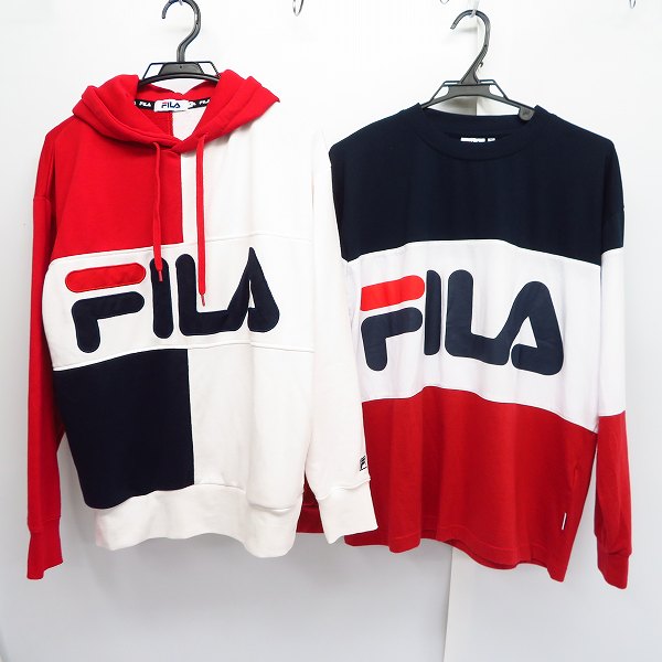 実際に弊社で買取させて頂いたFILA/フィラ ビッグロゴ プルオーバーパーカー/ロングTシャツ M 2点セット