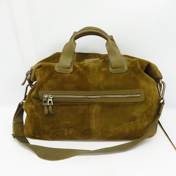 実際に弊社で買取させて頂いたJIMMY CHOO/ジミーチュウ 裏地迷彩柄 スエードレザー ロゴプレート 2wayボストンバッグ