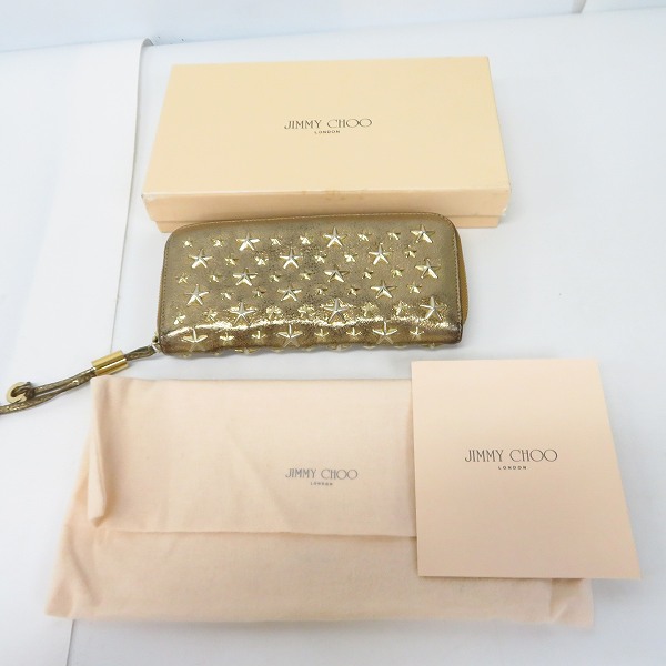 実際に弊社で買取させて頂いたJIMMY CHOO/ジミーチュウ スタースタッズ レザー ラウンドファスナー長財布 ゴールドの画像 8枚目