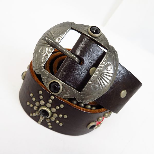 実際に弊社で買取させて頂いたHTC/Hollywood Trading Company/エイチティーシー レザーベルト レザー切り替え スタッズ/ストーン ブラウン系