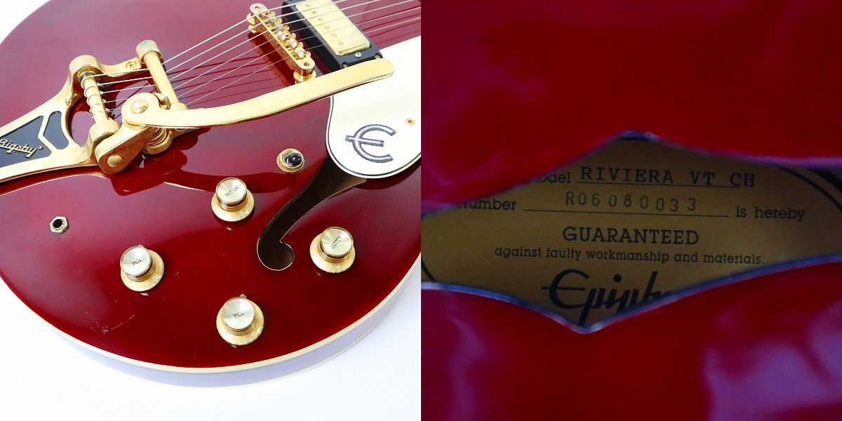 実際に弊社で買取させて頂いた★Epiphone/エピフォン RIVIERA VT CH セミアコ エレキギター ハードケース付き 動作確認済みの画像 5枚目