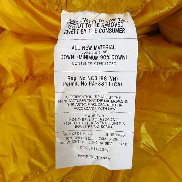 実際に弊社で買取させて頂いたmont-bell/モンベル 寝袋 ダウンハガー800 ＃2 1121359の画像 3枚目