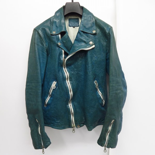 実際に弊社で買取させて頂いたBACKLASH/バックラッシュ ベルギーショルダー製品染め ダブルライダース 1447-02/L