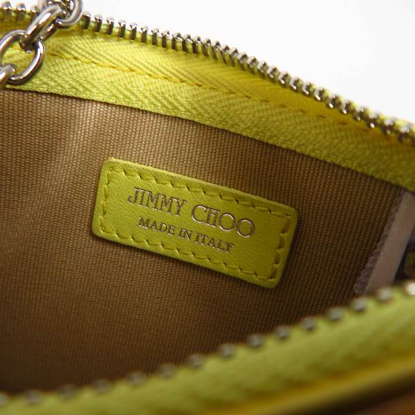 実際に弊社で買取させて頂いたJIMMY CHOO/ジミーチュウ スタースタッズ カラビナチェーン付き エナメルレザー コインケースの画像 4枚目