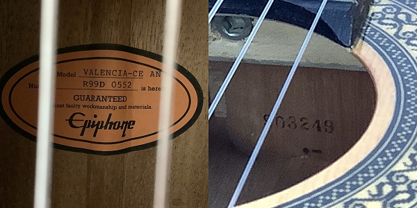 実際に弊社で買取させて頂いた★【難あり】Epiphone/エピフォン VALENCIA-CE AN ヴァレンシア エレガット ピックアップ付 クラシックギターの画像 4枚目