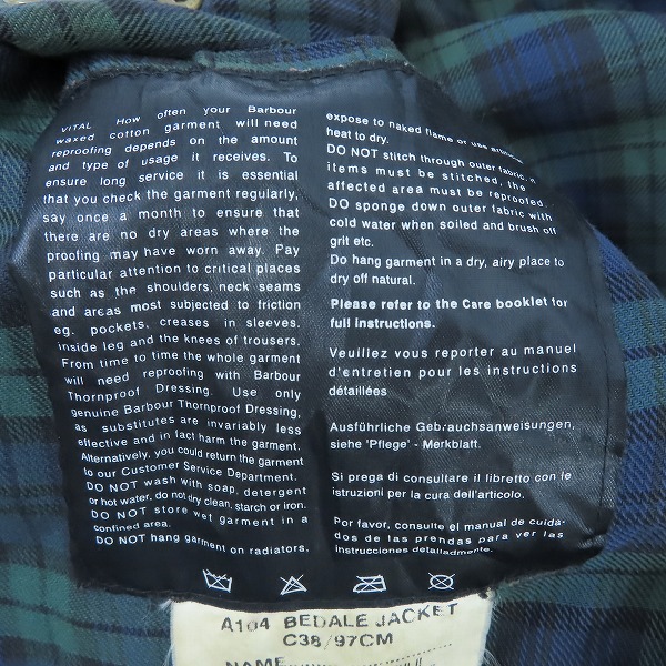 実際に弊社で買取させて頂いたBarbour/バブアー BEDALE  A104 3ワラント オイルジャケット　C38/97CMの画像 3枚目