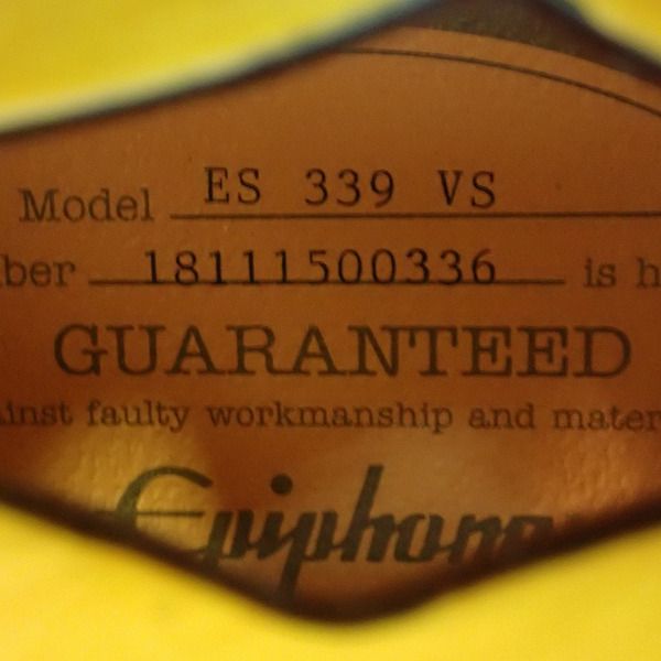 実際に弊社で買取させて頂いた★Epiphone/エピフォン ES-339 VS/Vintage Sunburst セミアコ/エレキギター コイルタップ搭載 ソフトケース付の画像 5枚目
