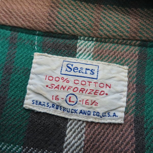 実際に弊社で買取させて頂いたsears/シアーズ ヴィンテージ/ビンテージ チェック柄 L/S 長袖 シャツ グリーン Size：Lの画像 2枚目