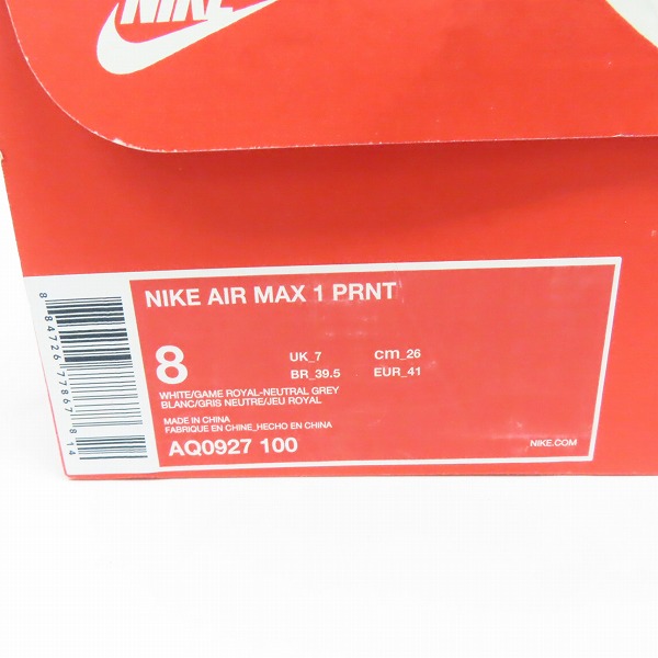 実際に弊社で買取させて頂いた【未使用】NIKE×atmos/ナイキ×アトモス AIR MAX 1 PRNT/エアマックス1 プリント AQ0927-100/26の画像 9枚目