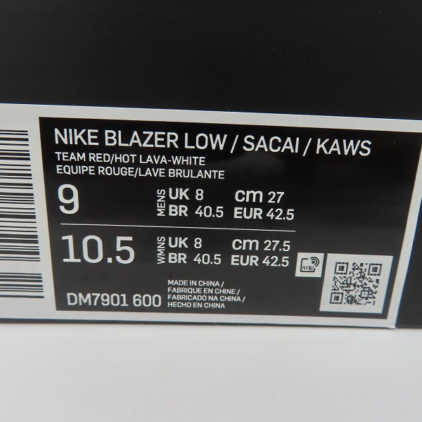実際に弊社で買取させて頂いた【未使用】NIKE×SACAI×KAWS/ナイキ×サカイ×カウズ BLAZER LOW Team Red/ブレーザーロー チームレッド DM7901-600/27の画像 7枚目