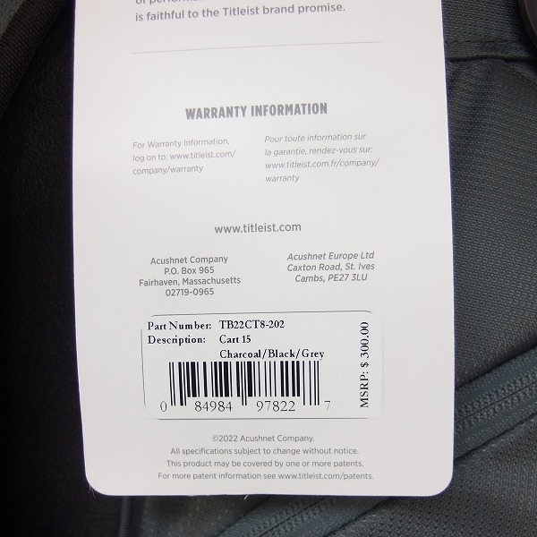 実際に弊社で買取させて頂いた【未使用】Titleist/タイトリスト カート15 TB20CT8 キャディバッグ 10型 47インチ対応 チャコール×グレーの画像 3枚目