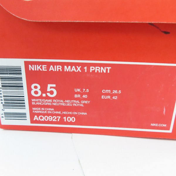 実際に弊社で買取させて頂いたNIKE×atmos/ナイキ×アトモス AIR MAX 1 PRNT/エアマックス1 プリント AQ0927-100/26.5の画像 8枚目