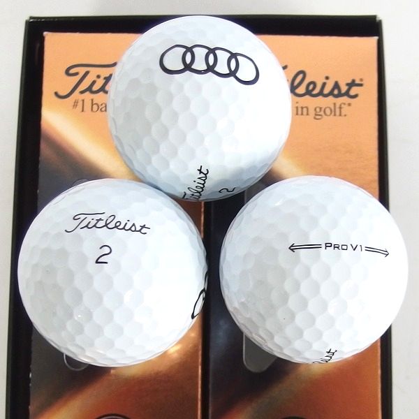 実際に弊社で買取させて頂いた【未使用/オウンネーム】Titleist/タイトリスト PRO V1 ホワイト アウディロゴ入り ゴルフボール 2スリーブの画像 1枚目