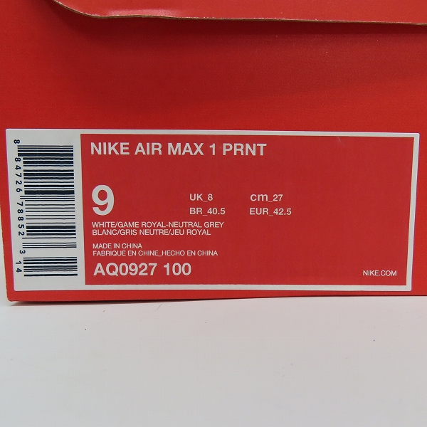 実際に弊社で買取させて頂いたNIKE×atmos/ナイキ×アトモス AIR MAX 1 PRNT/ エアマックス1 プリント 'WE LOVE NIKE' AQ0927-100/27の画像 9枚目
