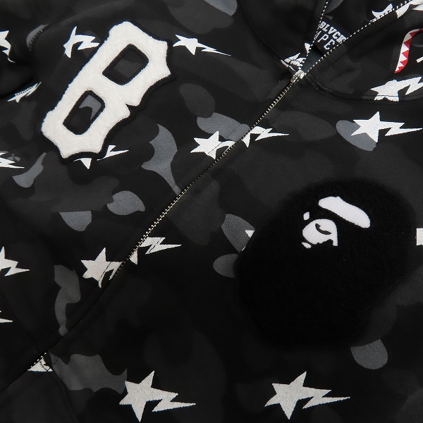 実際に弊社で買取させて頂いたA BATHING APE×BLACK SCALE/アベイシングエイプ×ブラックスケール カモフラ 総柄 シャーク フルジップ パーカー/Mの画像 7枚目