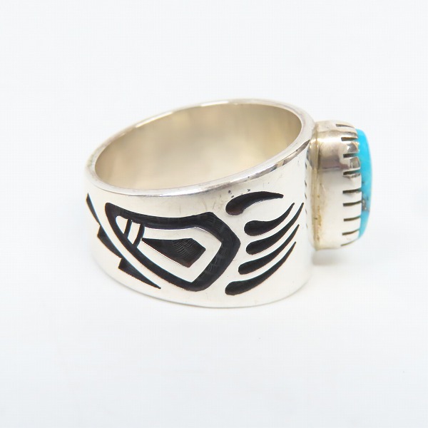 実際に弊社で買取させて頂いたHopi/ホピ族 Marcus Coochwikvia/マーカス クーチウクヴィア作 ベアークロー/ターコイズ リング 22号の画像 4枚目