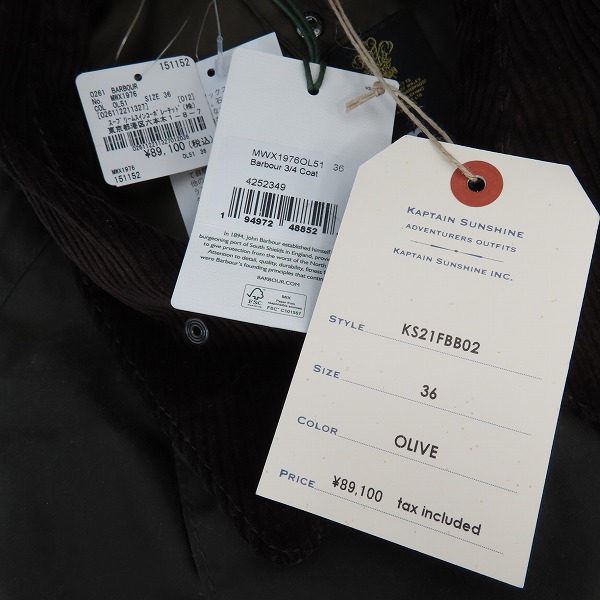 実際に弊社で買取させて頂いた【未使用】KAPTAIN SUNSHINE×Barbour/キャプテンサンシャイン×バブアー 3/4レングス コート KS21FBB02/36の画像 6枚目