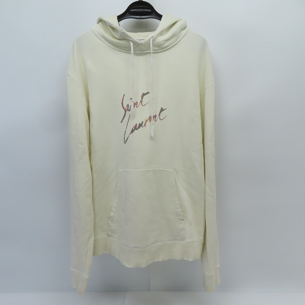 実際に弊社で買取させて頂いた【JPタグ】サンローランパリ 18AW ロゴプリントダメージ加工プルオーバーパーカー 60TZ 561169 YB2ZW 9721/S