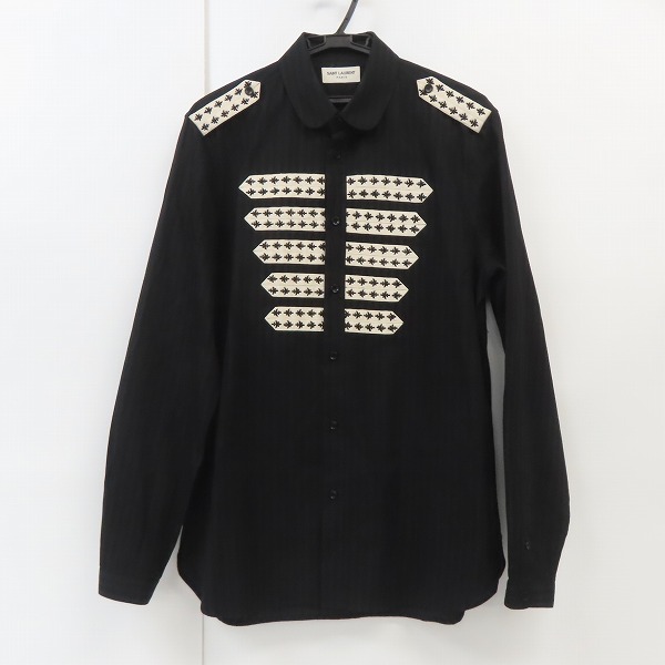 実際に弊社で買取させて頂いた【JPタグ】SAINT LAURENT PARIS/サンローランパリ 20SS ストライプオフィサー長袖シャツ/刺繍/ビーズ装飾 599691 Y1A47/40