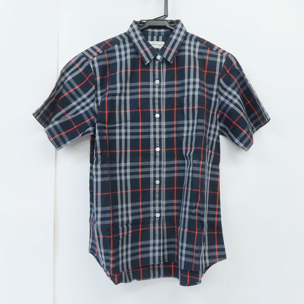 実際に弊社で買取させて頂いたBurberrys REGD/バーバリーズ ホース刺繍×チェック柄 半袖シャツ ネイビー系 /L