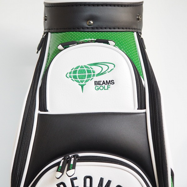 実際に弊社で買取させて頂いたBEAMS GOLF/ビームスゴルフ 81-61-0021-833 9型 5分割ツアー プロ キャディバッグ ホワイトｘブラックｘグリーンの画像 6枚目