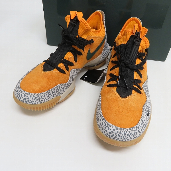 実際に弊社で買取させて頂いた【未使用】NIKE/ナイキ LEBRON 16 LOW AC ORANGE/GREY ATMOS SAFARI レブロン16 ロー サファリ CD9471-800/26