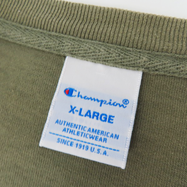 実際に弊社で買取させて頂いたChampion×ATMOS/チャンピオン×アトモス LAB S/S TEE KHAKI ロゴ刺繍Tシャツ C8-S301/XLの画像 2枚目