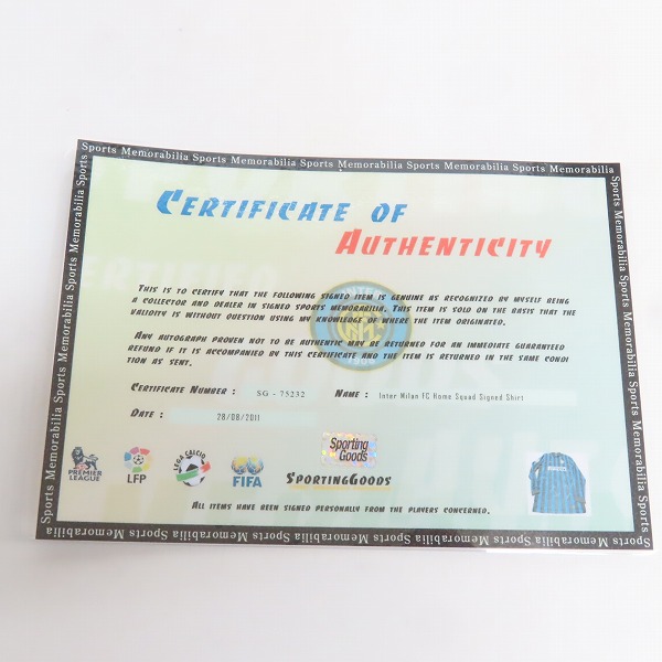 証明書】インテル ＃10 ヴェスレイ スナイデル ホーム サイン入り