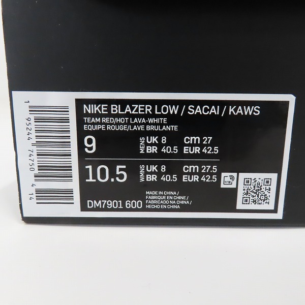 実際に弊社で買取させて頂いたNIKE×SACAI×KAWS/ナイキ×サカイ×カウズ BLAZER LOW/ブレーザー ロー Team Red/チームレッド DM7901-600/27の画像 8枚目