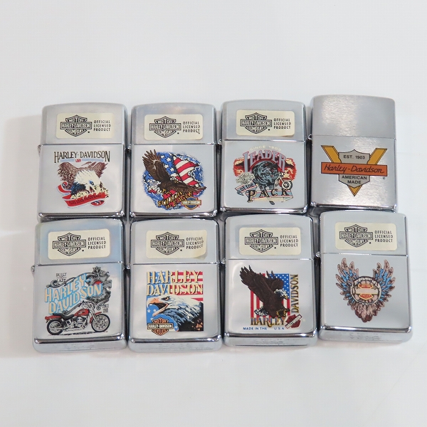 実際に弊社で買取させて頂いたZIPPO/ジッポー HARLEY DAVIDSON/ハーレーダビッドソン ディスプレイパネル付き 93/00年製 8点セットの画像 1枚目