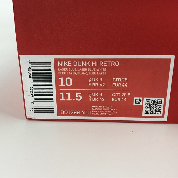 実際に弊社で買取させて頂いた【未使用】NIKE/ナイキ DUNK HI RETRO/ダンクハイ チャンピオンシップ ブルー DD1399-400/28の画像 9枚目