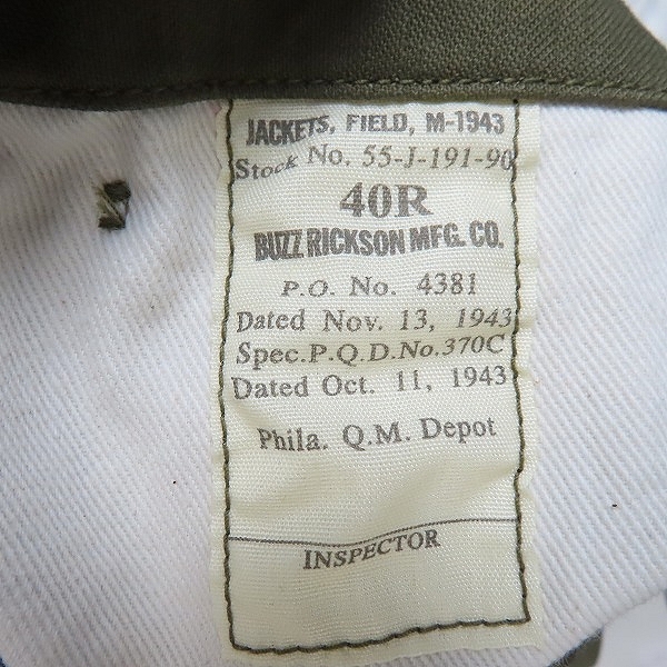 実際に弊社で買取させて頂いたBuzz Rickson's/バズリクソンズ M-1943フィールドジャケット BR15186/40Rの画像 5枚目