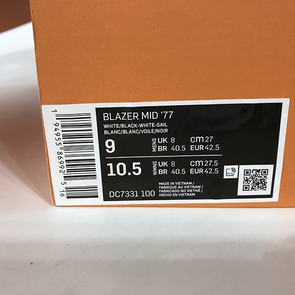 実際に弊社で買取させて頂いたNIKE/ナイキ BLAZER MID 77 VINTAGE/ブレーザー ミッド 77 ビンテージ White/Black/Sail DC7331-100/27の画像 7枚目