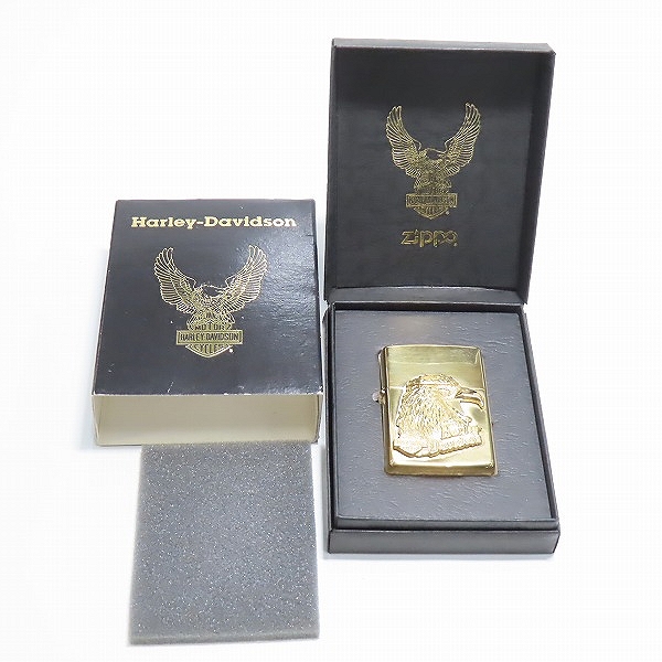 実際に弊社で買取させて頂いたZippo/ジッポー HARLEYDAVIDSON/ハーレーダビッドソン イーグルメタル貼り ゴールド 1932-1991/1991年製の画像 7枚目