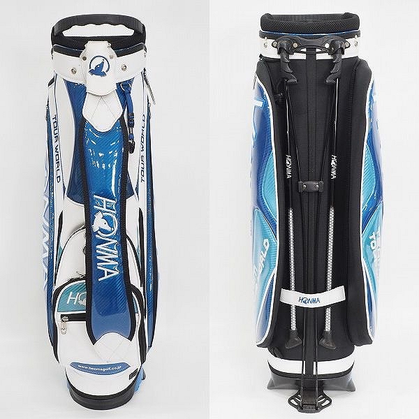 実際に弊社で買取させて頂いたHONMA/ホンマ CB-1802 TOUR WORLD/ツアーワールド 9型 5分割 スタンド式キャディバッグ ブルーｘホワイトの画像 2枚目